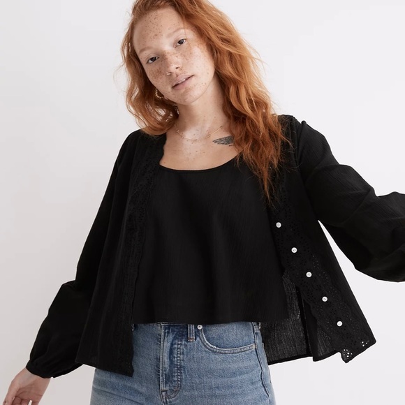 NWT Madewell Eyelet-Trim Twin Set Top in Black - Medium - Picture 2 of 4